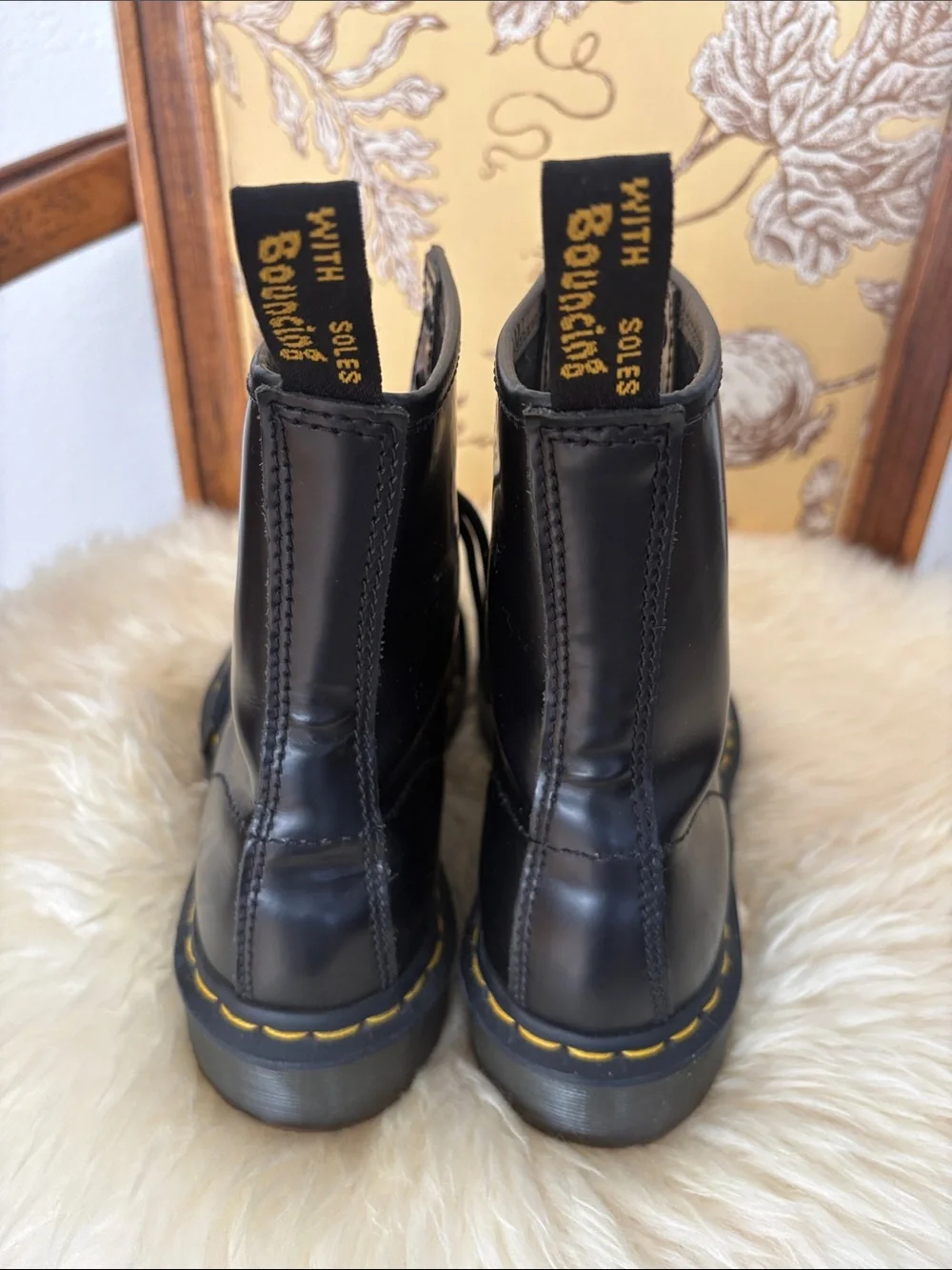 Dr. Martens Black Leather Lace-Up Boots with Yellow Stitching